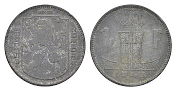 Бельгия 1 франк 1943 Belgie - Belgique, Леопольд III (1934-1947), германская оккупация, Вторая мировая война KM 127 цинк 4704-1042