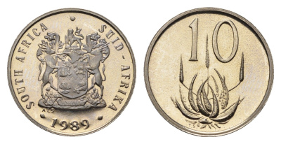ЮАР 10 центов 1989 герб, цветок алоэ KM 85 никель PROOF 4690-966