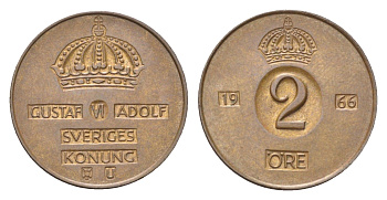 Швеция 2 эре 1966 TS Густав VI Адольф (1950-1973) KM 821 бронза 4705-917