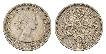 Великобритания 6 пенсов 1960 Елизавета II (1952-2022) KM 903, Spink 4149 медно-никель 4708-345