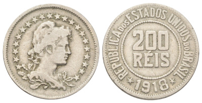 Бразилия 200 реалов (рейсов) 1918 KM 519 медно-никель 210-153