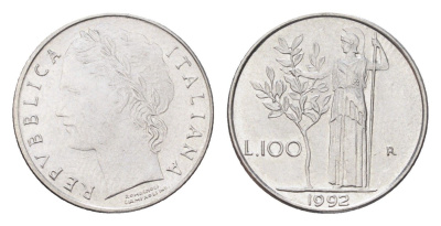 Италия 100 лир 1992 R, Афина в доспехах KM 96.2 нержавеющая сталь 4705-165