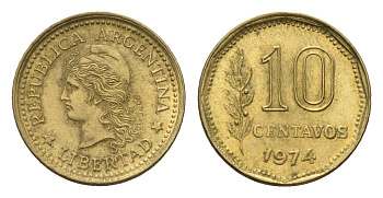 Аргентина 10 сентаво 1974 голова свободы влево KM 66, CJ 347, Schon 66 латунь 4702-525