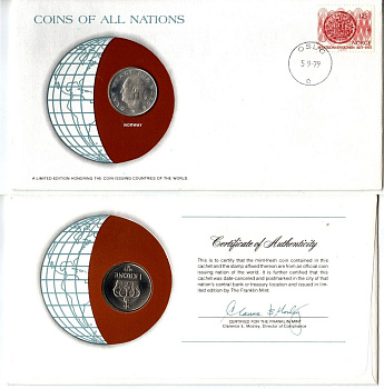 Норвегия 1 крона 1979 конверт с маркой первого дня гашения, Coins of Nations KM 419 медно-никель UNC 9-1-01-80