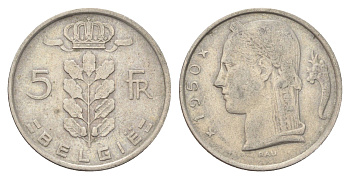 Бельгия 5 франков 1950 Belgie, Леопольд III (1934-1951) KM 135 медно-никель 4704-315