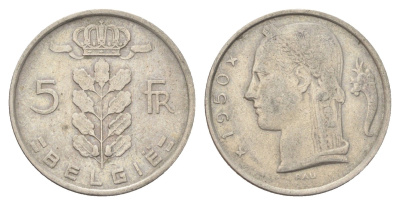 Бельгия 5 франков 1950 Belgie, Леопольд III (1934-1951) KM 135 медно-никель 4704-315