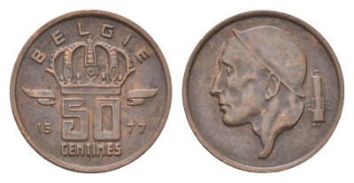 Бельгия 50 сантимов 1977 Belgie, Бодуэн I (1951-1993) KM 149 бронза 4705-266
