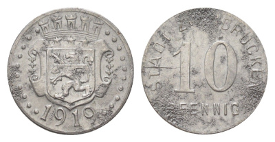 Цвайбрюккен 10 пфеннигов 1919 Funck 630.2, Men05 28182.3, Men18 35439.3 железо 4708-963