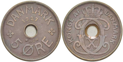 Дания 5 эре 1927 HCN, Кристиан X (1912-1947) KM 828 бронза 3460-624