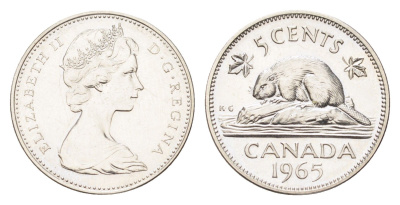 Канада 5 центов 1965 Елизавета II (1952-2022), бобр KM 60.1 никель PROOF-LIKE (BU) 4707-1125