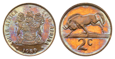 ЮАР 2 цента 1989 герб, антилопа гну KM 83 бронза PROOF 4693-354
