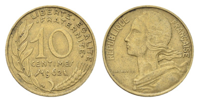 Франция 10 сантимов 1962 KM 929 алюминиевая бронза 4702-1253