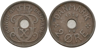 Дания 2 эре 1928 Кристиан X (1912-1947) KM 827 бронза 4147-449