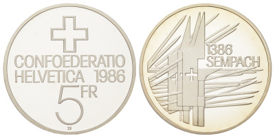 Швейцария 5 франков 1986 600 лет битве при Земпахе, в оригинальной упаковке KM 65 медно-никель PROOF 5-6-3-48