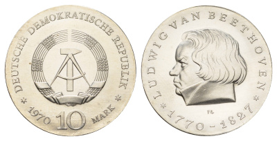 ГДР 10 марок 1970 A, 200 лет со дня рождения Людвига ван Бетховена KM 27.1, J. 1523 серебро UNC 1099-1-25