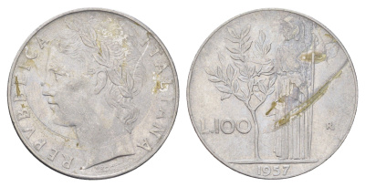 Италия 100 лир 1957 R, Афина в доспехах KM 96.1 нержавеющая сталь 4704-657