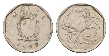 Мальта 5 центов 1998 краб KM 95 медно-никель 4702-512