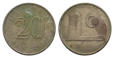 Малайзия 20 сенов 1973 здание Парламента KM 4 медно-никель 4703-431