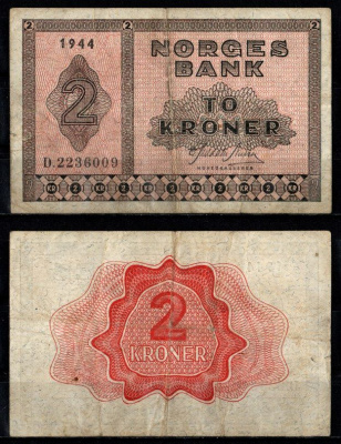 Норвегия 2 кроны 1944 Pick 16 b бумага 7457-30-2-2