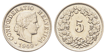 Швейцария 5 раппенов 1949 B KM 26 медно-никель aUNC 4708-1047