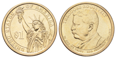 США 1 доллар 2013 P, Президент США - Теодор Рузвельт (1901–1909) KM 548 медь с марганцево-латунным покрытием UNC 4695-911