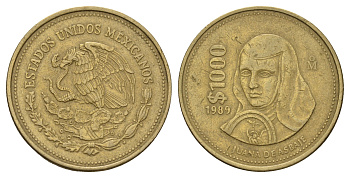 Мексика 1000 песо 1989 Мо, Хуана де Асбахе KM 536 алюминиевая бронза 4692-921