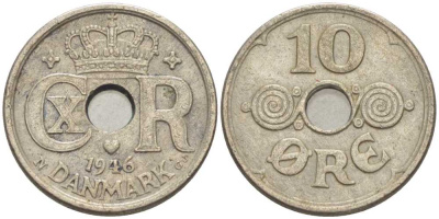 ДАНИЯ 10 ЭРЕ 1946 N ; GJ, КРИСТИАН X (1912-1947) KM 822.2 медно-никель 4383-134