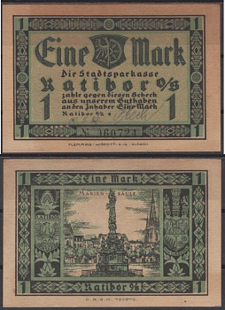 Ратибор 1 марка ND (1921) Mehl Grabowski 1100.1a-1/5 бумага UNC (пресс) 8595-43-4-2