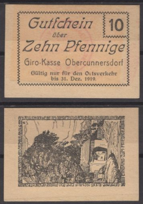 Оберкуннерсдорф 10 пфеннигов 1919 Grabowski O2.1 картон UNC (пресс) 8592-39-4-2