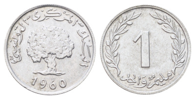 Тунис 1 миллим 1960 год-тип, пробковый дуб KM 280 алюминий aUNC 4701-943