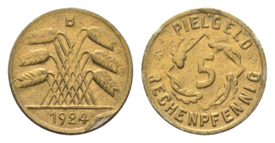 Германия игровой жетон в 5 рентенпфеннигов 1924 диаметр 18 мм, вес 0,2 гр картон 4702-1016