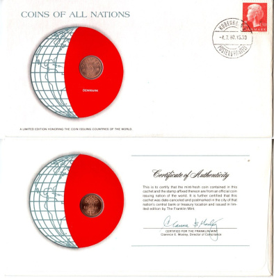 Дания 5 эре 1979 конверт с маркой первого дня гашения, Coins of Nations KM 859 железо плакированное медью UNC 9-1-01-77