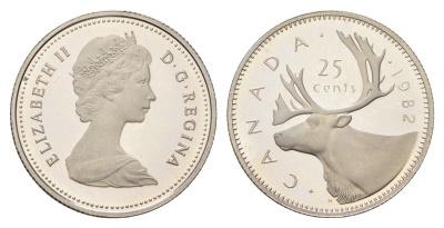Канада 25 центов 1982 Елизавета II (1952-2022), олень KM 74 никель PROOF 4707-1127