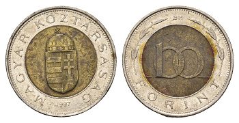 Венгрия 100 форинтов 1997 BP KM 721 биметалл 4638-222