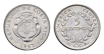 Коста-Рика 5 сентимо 1967 KM 184.1a нержавеющая сталь UNC 4690-851