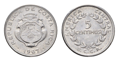 Коста-Рика 5 сентимо 1967 KM 184.1a нержавеющая сталь UNC 4690-851