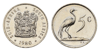 ЮАР 5 центов 1980 герб, райский журавль KM 84 никель PROOF 4690-967