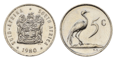 ЮАР 5 центов 1980 герб, райский журавль KM 84 никель PROOF 4690-967