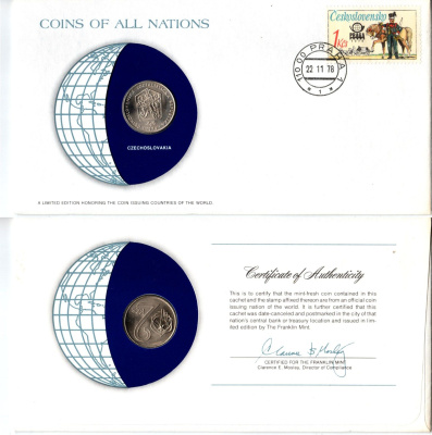 Чехословакия 2 кроны 1974 конверт с маркой первого дня гашения, Coins of Nations KM 75 медно-никель UNC 4294-15-3