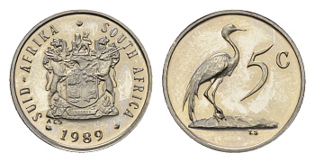 ЮАР 5 центов 1989 герб, райский журавль KM 84 никель PROOF 4690-965