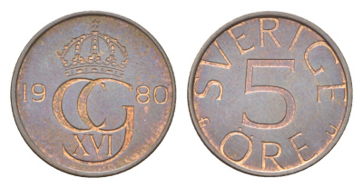 Швеция 5 эре 1980 Карл XVI Густав (1973- ) KM 849 бронза 4705-921