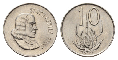 ЮАР 10 центов 1967 Ян ван Рибек (1619-1677), South Africa, легенда на африкаанс, цветок алоэ KM 68.1 никель BU 4690-1061