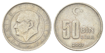 Турция 50000 лир 2001 Кемаль Ататюрк KM 1105 медь цинк никель 4702-619