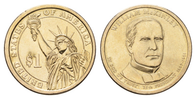 США 1 доллар 2013 P, Президент США - Уильям Мак-Кинли (1897–1901) KM 547 медь с марганцево-латунным покрытием UNC 4700-1044
