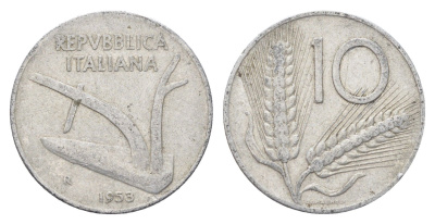 Италия 10 лир 1953 R, плуг, колосья KM 93 алюминий 4704-523