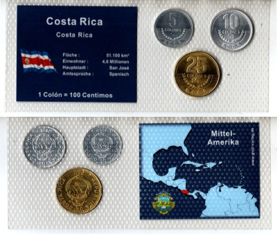 Коста-Рика набор из 3 монет (5, 10 и 25 колон) 2007 и 2008 в красочной упаковке с информацией о стране KM 227b, 228b и 229c UNC 5-4-1-72