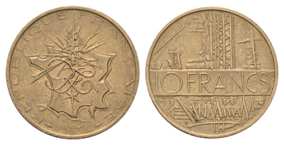Франция 10 франков 1976 KM 940 медь алюминий никель 4704-442