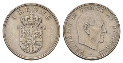 Дания 1 крона 1963 С; S, Фредерик IX (1947-1972) KM 851 медно-никель 4703-436