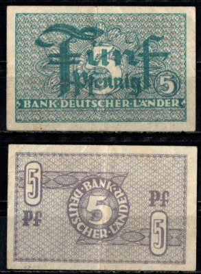 ФРГ 5 пфеннигов ND (1948) Pick 11 бумага 8616-46-2-2