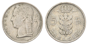 Бельгия 5 франков 1949 Belgie, Бодуэн I (1951-1993) KM 135 медно-никель 4704-1111